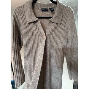 G.A.S. CO. Long Ribbed Cardigan‎ Sweater Beige Calf-Length Collared Women's L